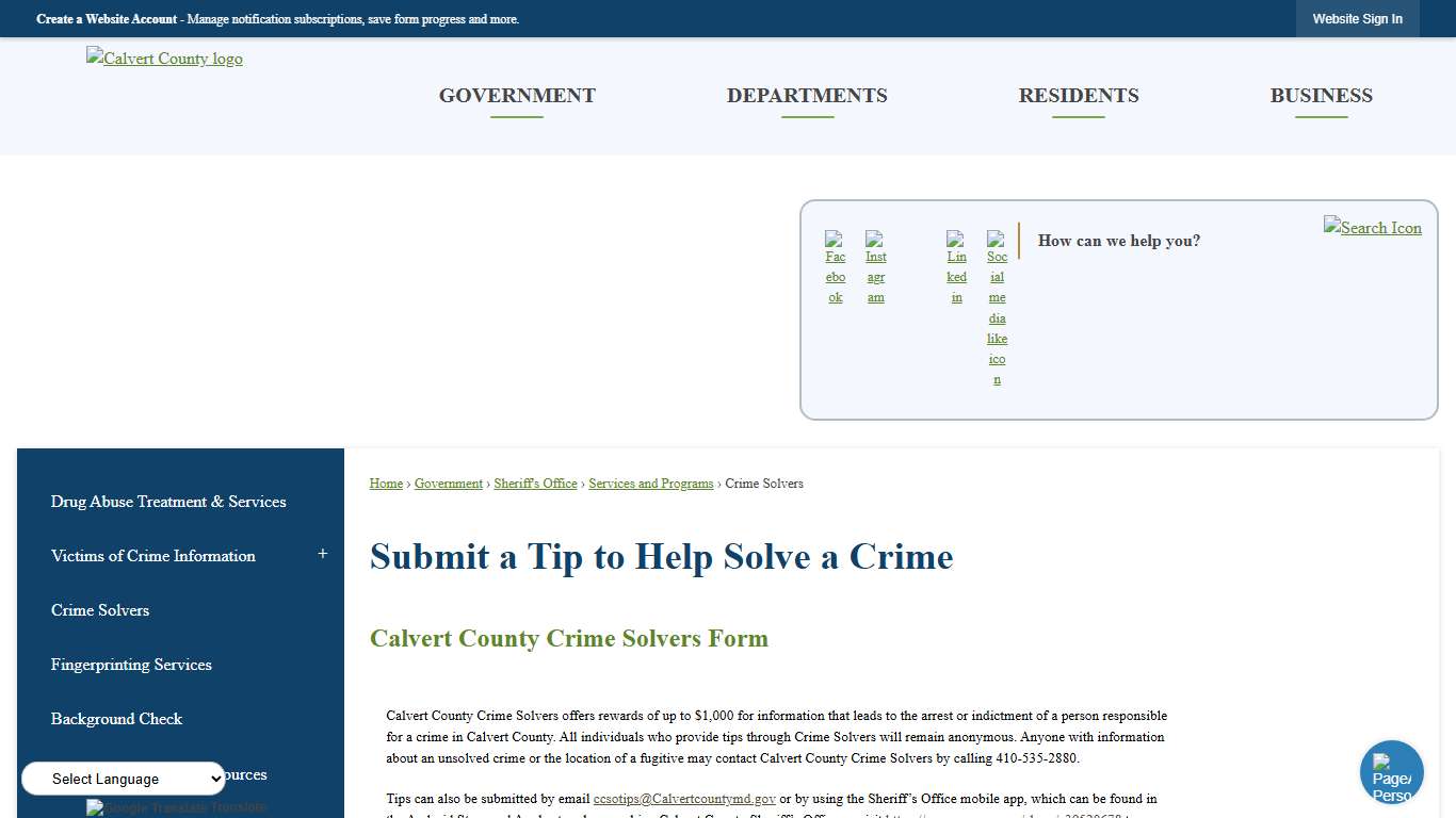 Submit a Tip to Help Solve a Crime | Calvert County, MD - Official Website